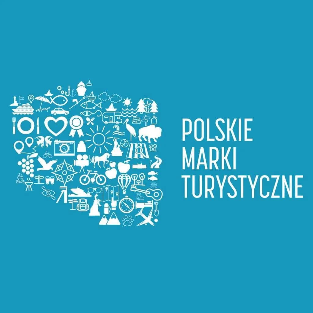 White silhouette icon collage of various Polish tourist attractions and activities, accompanied by the text 'POLSKIE MARKI TURYSTYCZNE' on a solid blue background.